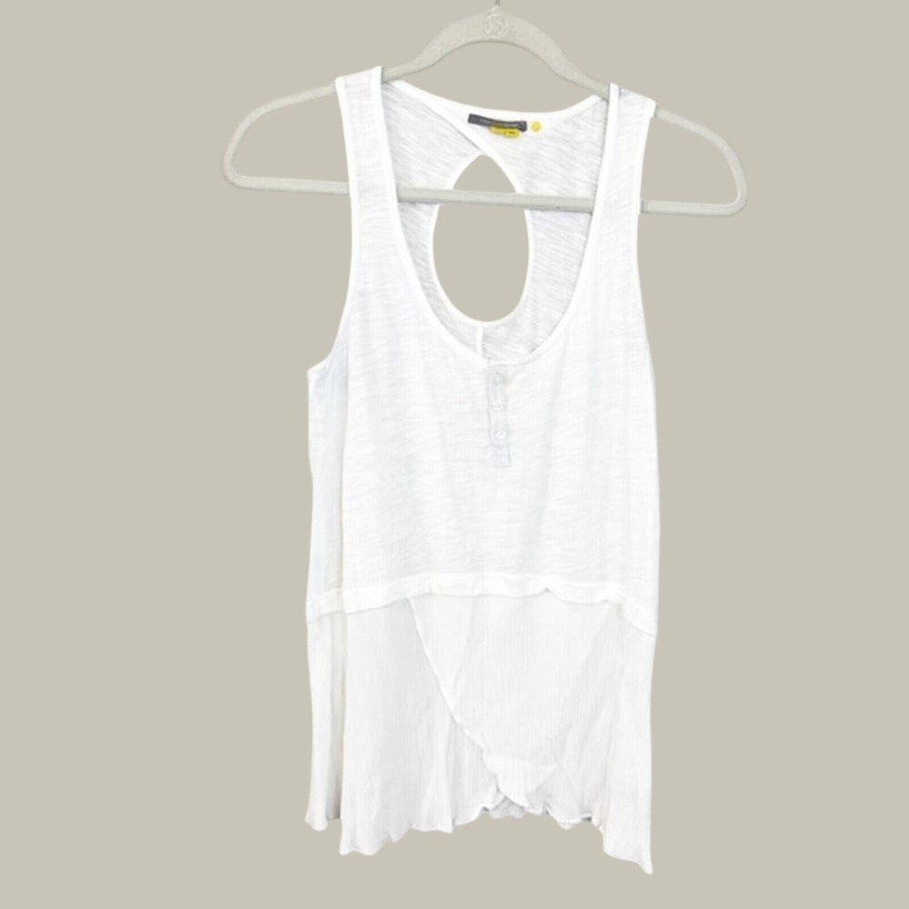 Little Yellow Button White Henley Tank Top XS Keyhole Back Layered Gauze Hem